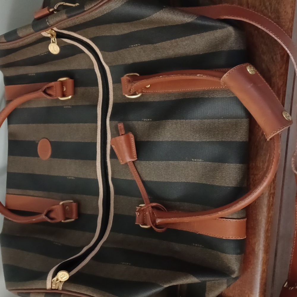 Vintage *RARE* Fendi Pequin Stripe & Cognac Duffle/Weekender Bag (Large 50cm) - Picture 10 of 10